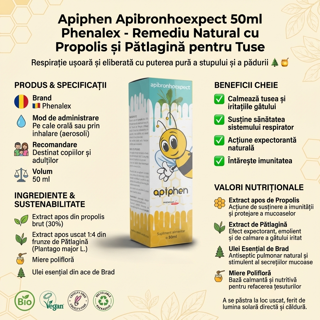 Apiphen Apibronhoexpect 50ml Phenalex - Remediu Natural cu Propolis și Pătlagină pentru Tuse 4