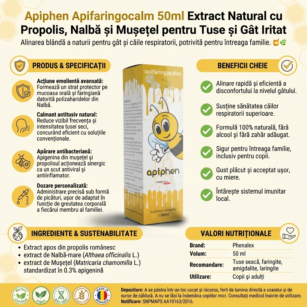 Apiphen Apifaringocalm 50ml Extract Natural cu Propolis, Nalbă și Mușețel pentru Tuse și Gât Iritat 4