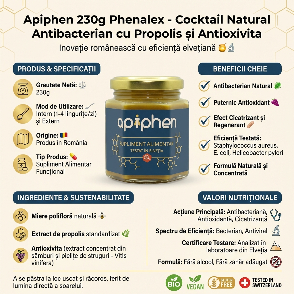 Apiphen 230g Phenalex - Cocktail Natural Antibacterian cu Propolis și Antioxivita 4