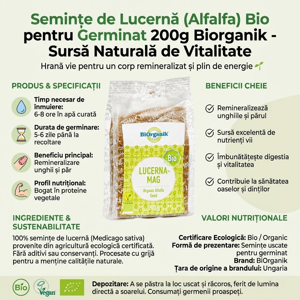 Semințe de Lucernă (Alfalfa) Bio pentru Germinat 200g Biorganik - Sursă Naturală de Vitalitate 4