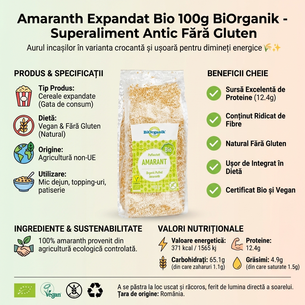 Amaranth Expandat Bio 100g BiOrganik - Superaliment Antic Fără Gluten 4