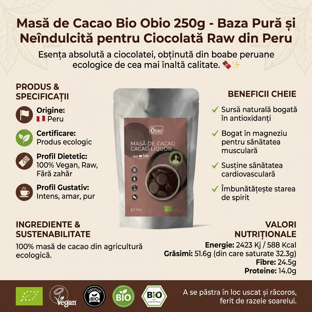 Masă de Cacao Bio Obio 250g - Baza Pură și Neîndulcită pentru Ciocolată Raw din Peru 4