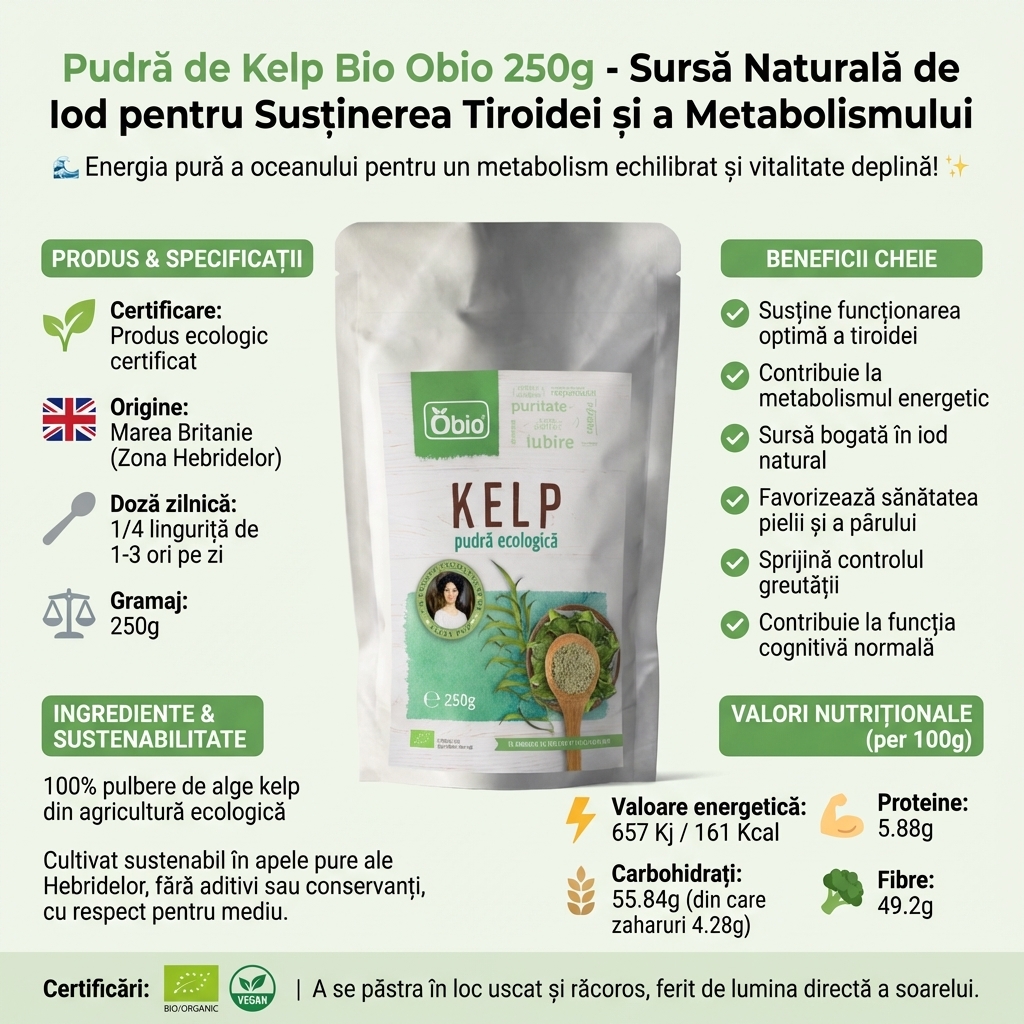 Pudră de Kelp Bio Obio 250g - Sursă Naturală de Iod pentru Susținerea Tiroidei și a Metabolismului 4