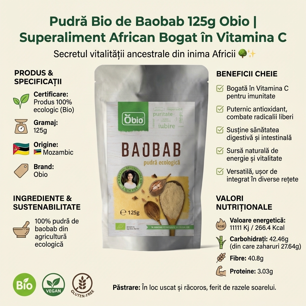 Pudră Bio de Baobab 125g Obio | Superaliment African Bogat în Vitamina C 4
