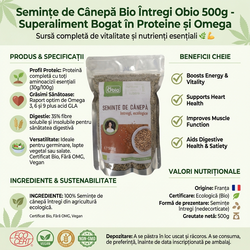 Semințe de Cânepă Bio Întregi Obio 500g - Superaliment Bogat în Proteine și Omega 4