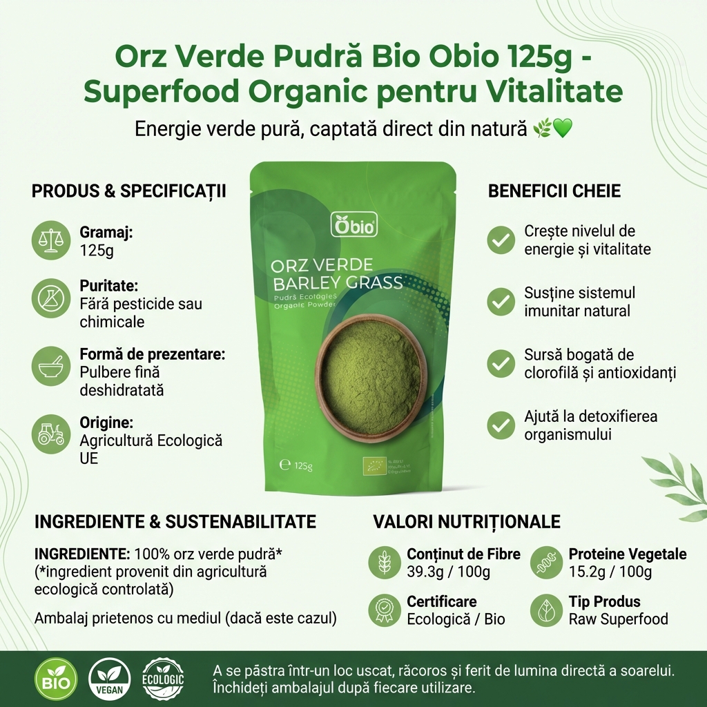 Orz Verde Pudră Bio Obio 125g - Superfood Organic pentru Vitalitate 4