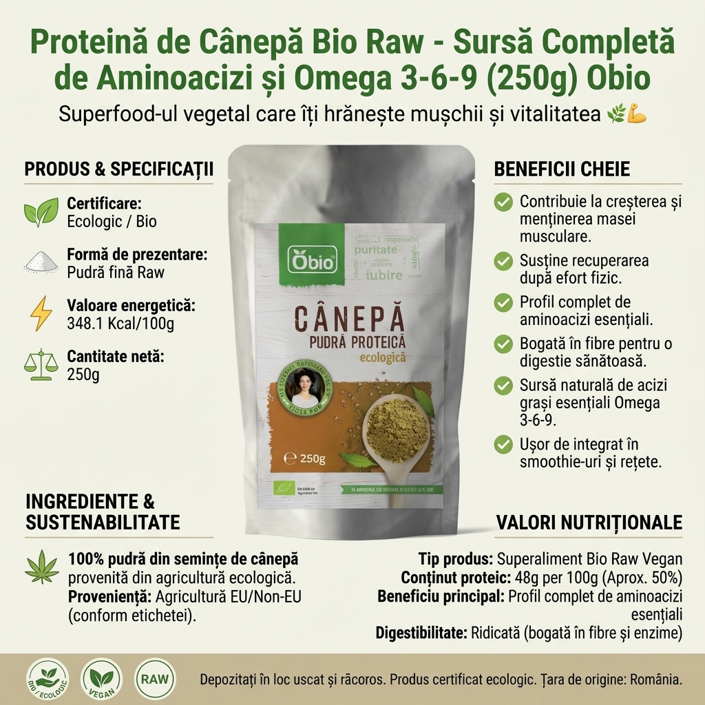 Proteină de Cânepă Bio Raw - Sursă Completă de Aminoacizi și Omega 3-6-9 (250g) Obio 4