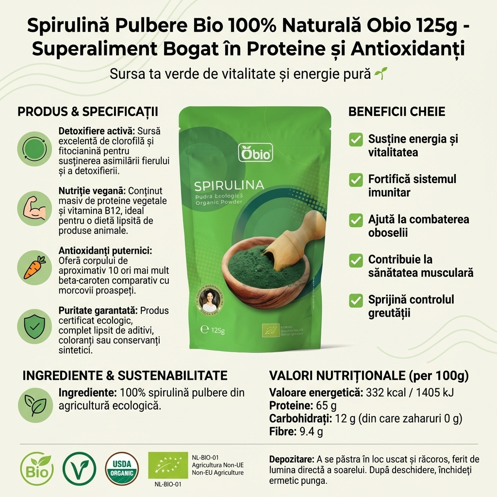 Spirulină Pulbere Bio 100% Naturală Obio 125g - Superaliment Bogat în Proteine și Antioxidanți 4