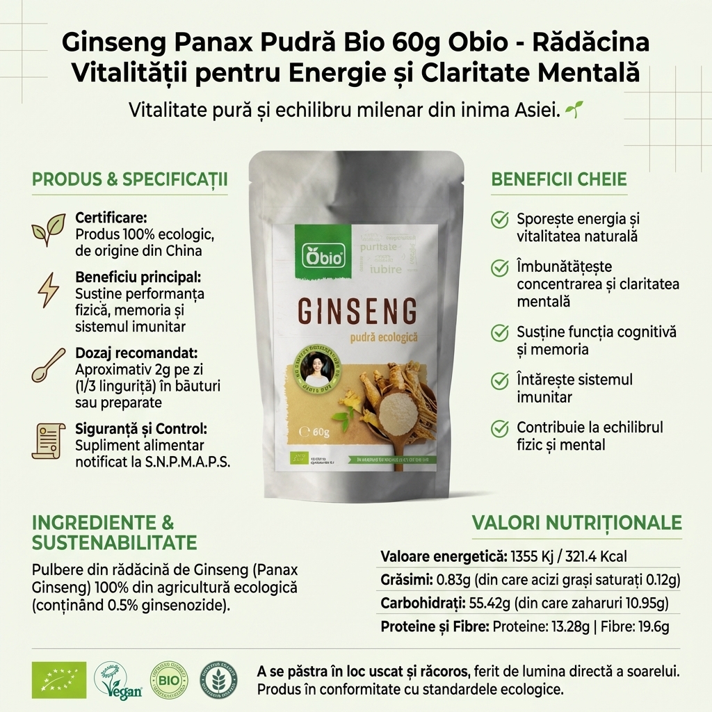 Ginseng Panax Pudră Bio 60g Obio - Rădăcina Vitalității pentru Energie și Claritate Mentală 4