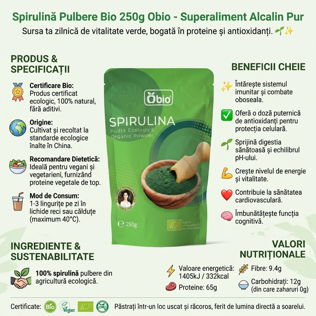 Spirulină Pulbere Bio 250g Obio - Superaliment Alcalin Pur 4