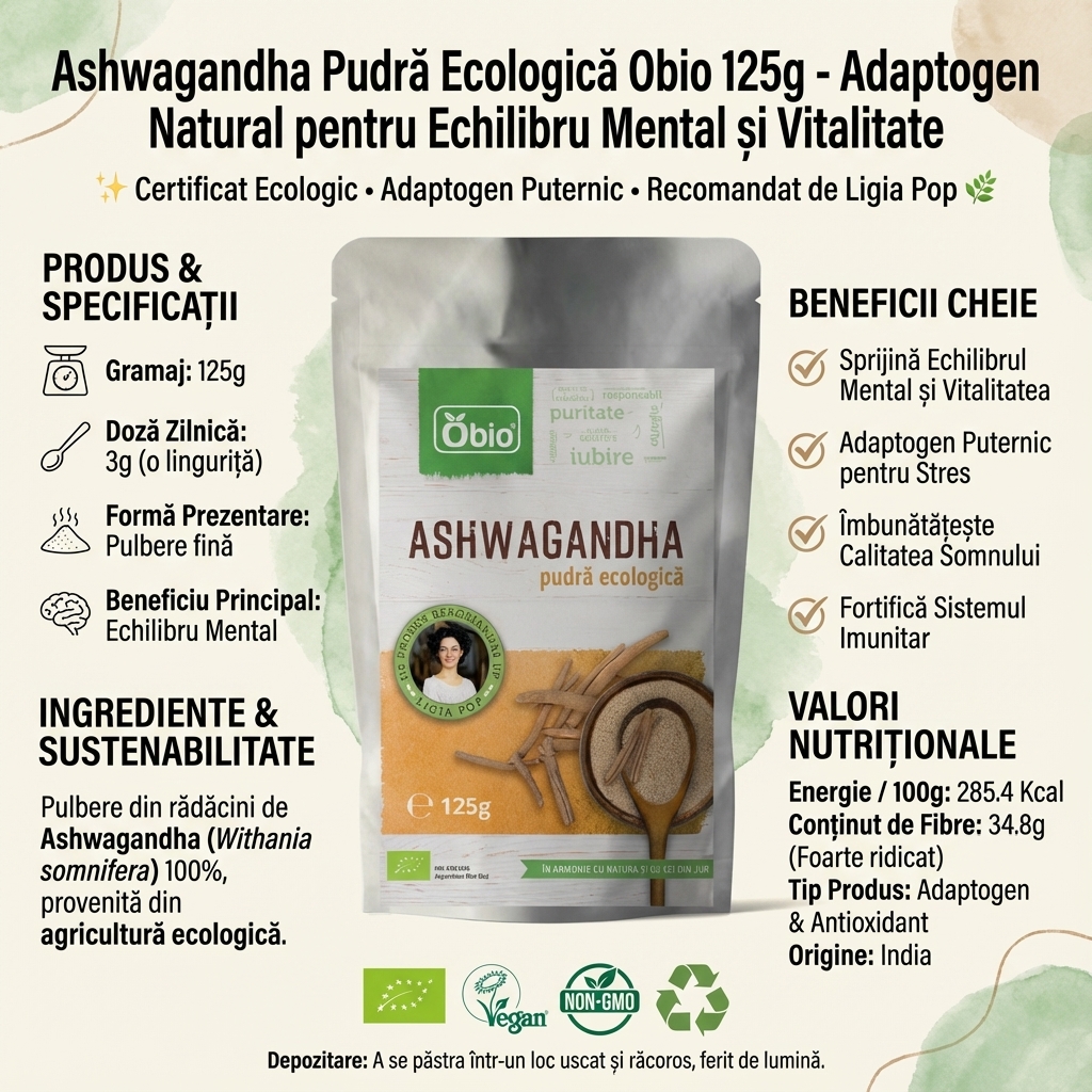 Ashwagandha Pudră Ecologică Obio 125g - Adaptogen Natural pentru Echilibru Mental și Vitalitate 4