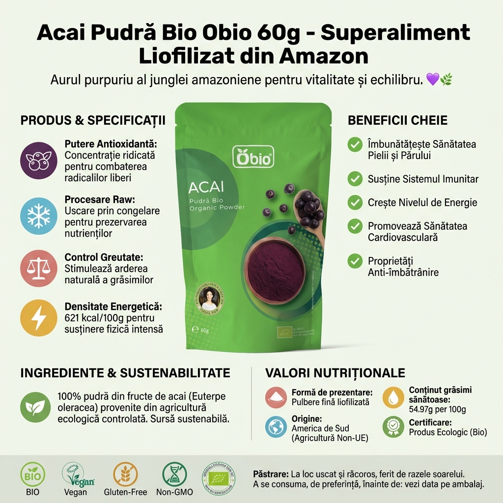 Acai Pudră Bio Obio 60g - Superaliment Liofilizat din Amazon 4