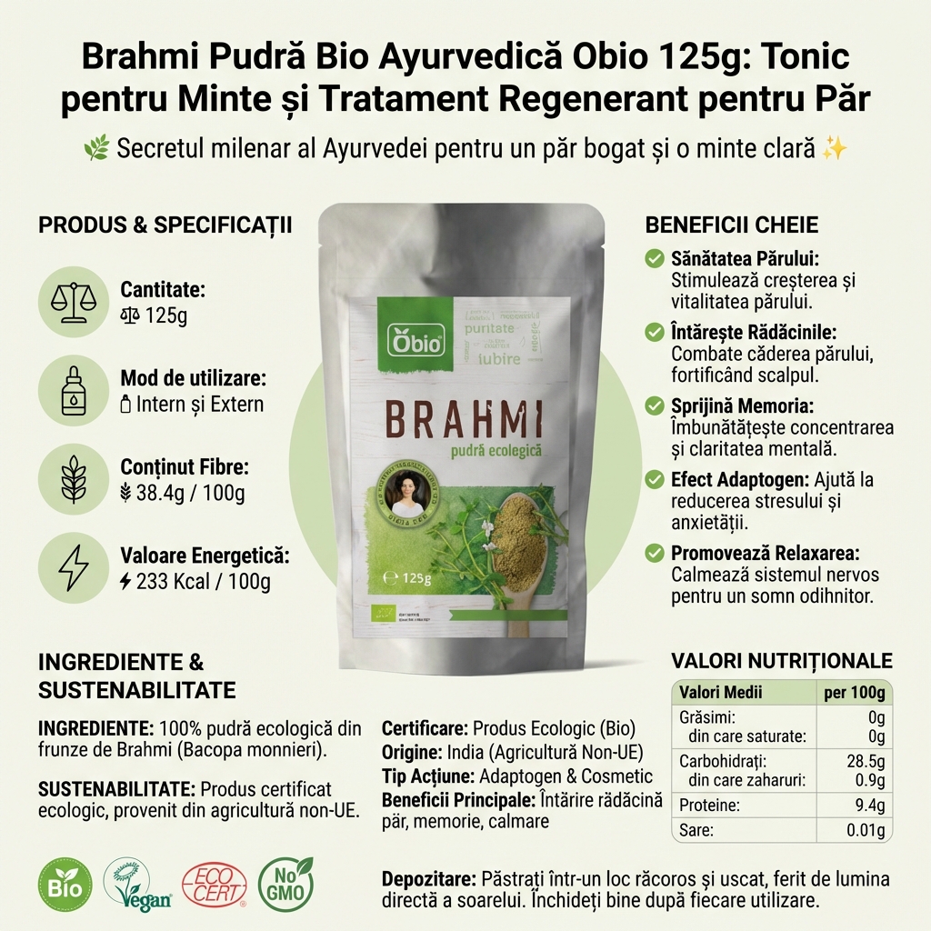 Brahmi Pudră Bio Ayurvedică Obio 125g: Tonic pentru Minte și Tratament Regenerant pentru Păr 4