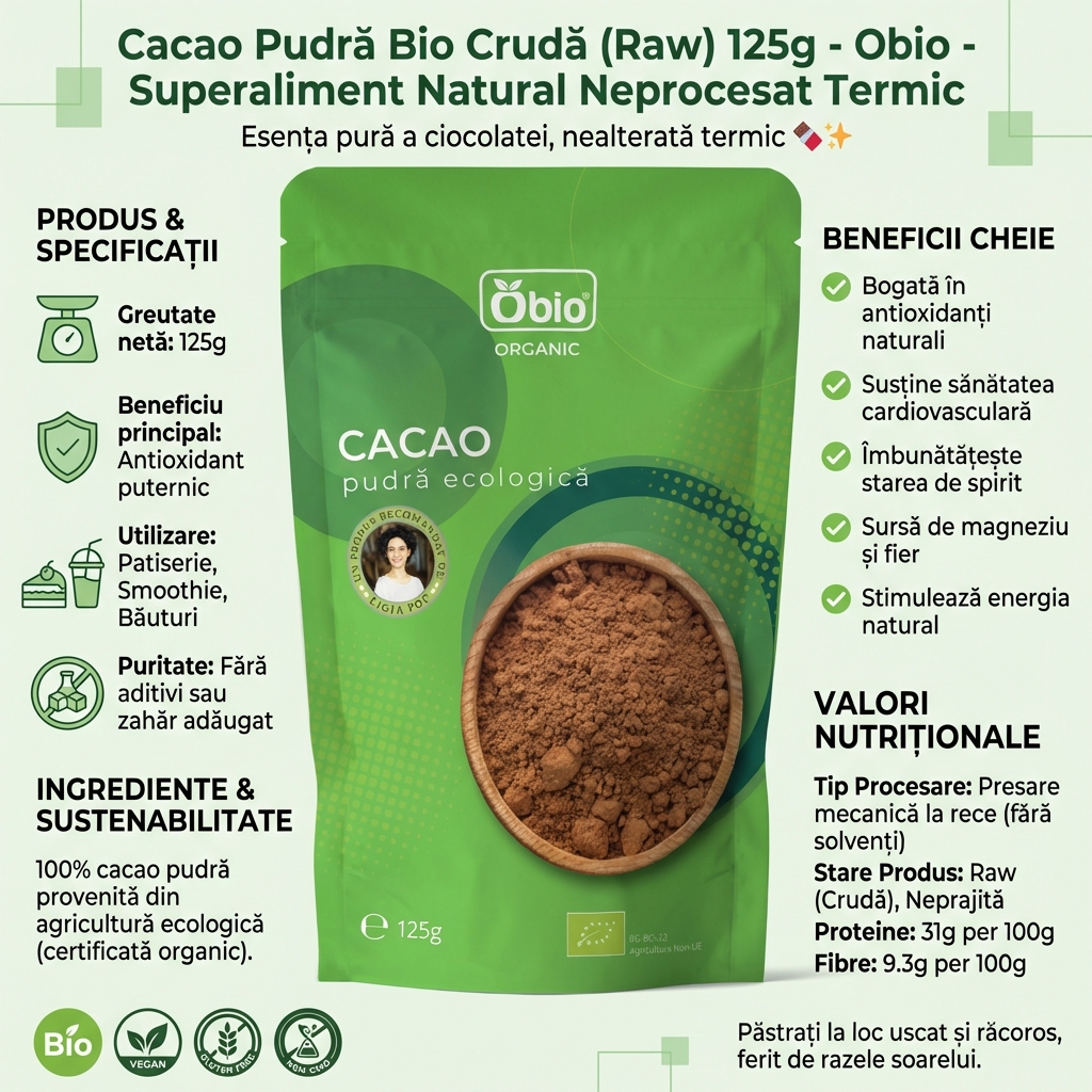 Cacao Pudră Bio Crudă (Raw) 125g - Obio - Superaliment Natural Neprocesat Termic 4