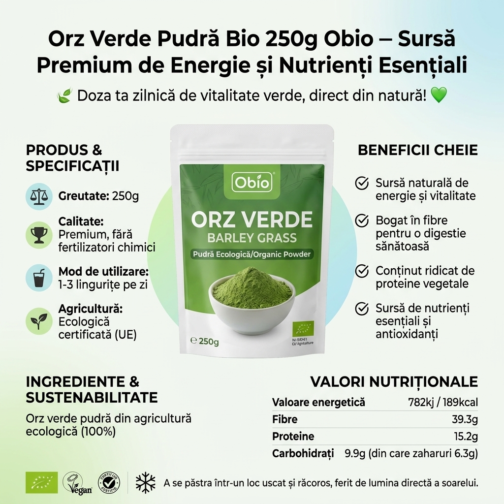 Orz Verde Pudră Bio 250g Obio – Sursă Premium de Energie și Nutrienți Esențiali 4