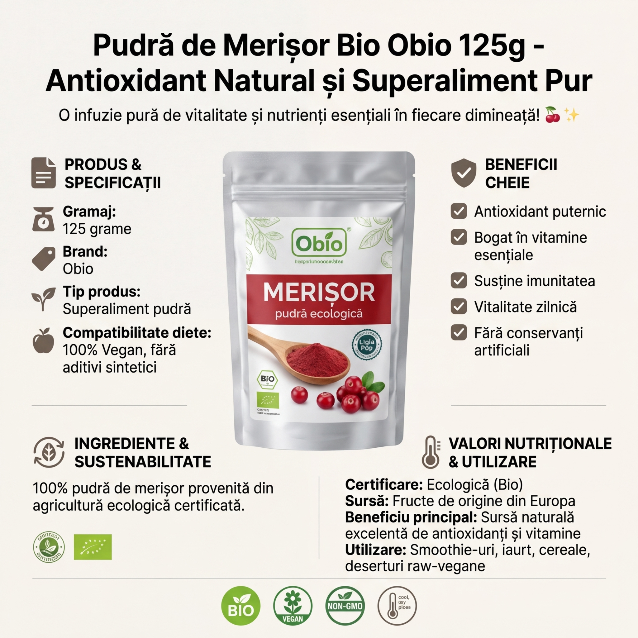 Pudră de Merișor Bio Obio 125g - Antioxidant Natural și Superaliment Pur 4