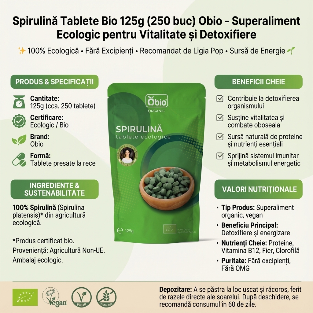 Spirulină Tablete Bio 125g (250 buc) Obio - Superaliment Ecologic pentru Vitalitate și Detoxifiere 4