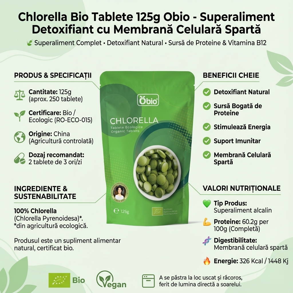 Chlorella Bio Tablete 125g Obio - Superaliment Detoxifiant cu Membrană Celulară Spartă 4