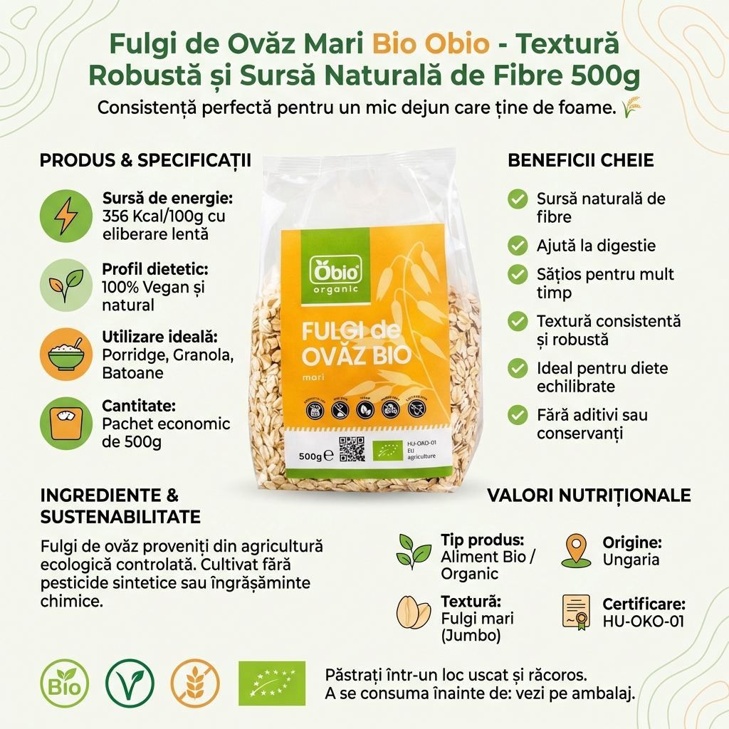 Fulgi de Ovăz Mari Bio Obio - Textură Robustă și Sursă Naturală de Fibre 500g 4