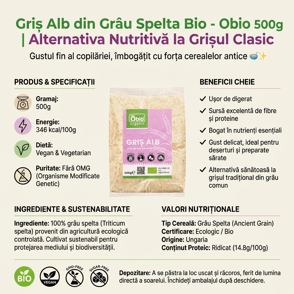 Griș Alb din Grâu Spelta Bio - Obio 500g | Alternativa Nutritivă la Grișul Clasic 4