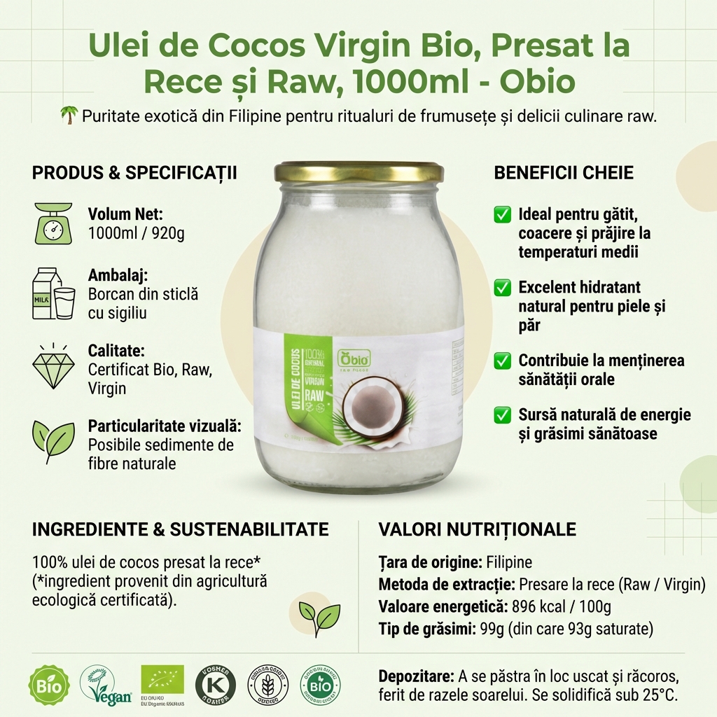 Ulei de Cocos Virgin Bio, Presat la Rece și Raw, 1000ml - Obio 4