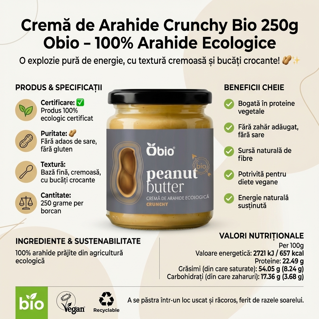 Cremă de Arahide Crunchy Bio 250g Obio - 100% Arahide Ecologice 4