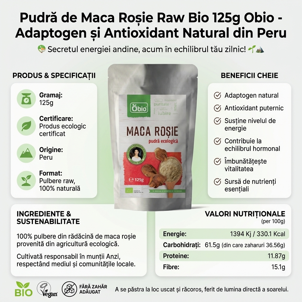 Pudră de Maca Roșie Raw Bio 125g Obio - Adaptogen și Antioxidant Natural din Peru 4