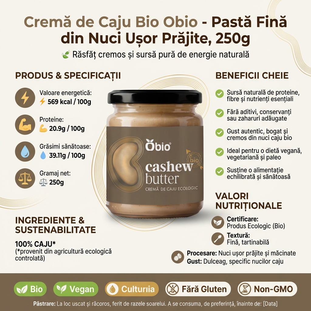 Cremă de Caju Bio Obio - Pastă Fină din Nuci Ușor Prăjite, 250g 4