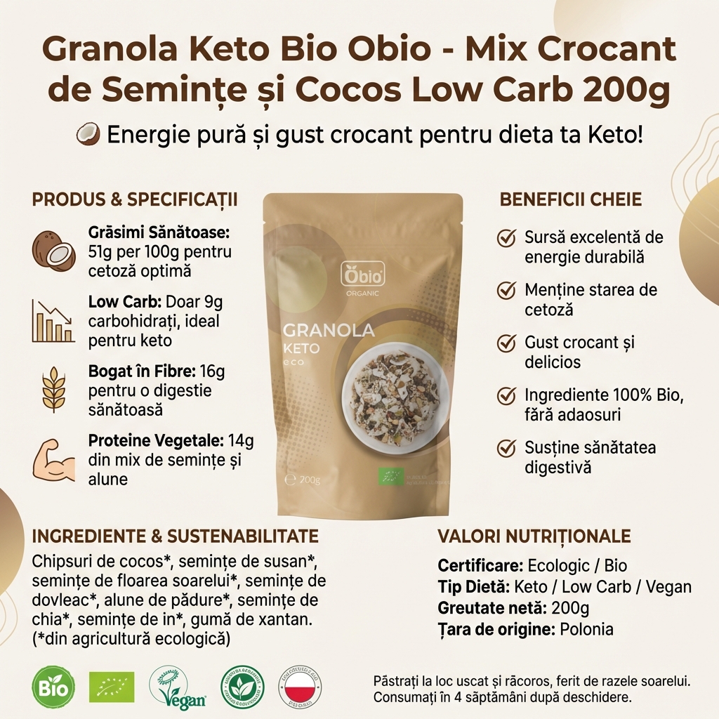 Granola Keto Bio Obio - Mix Crocant de Semințe și Cocos Low Carb 200g 4