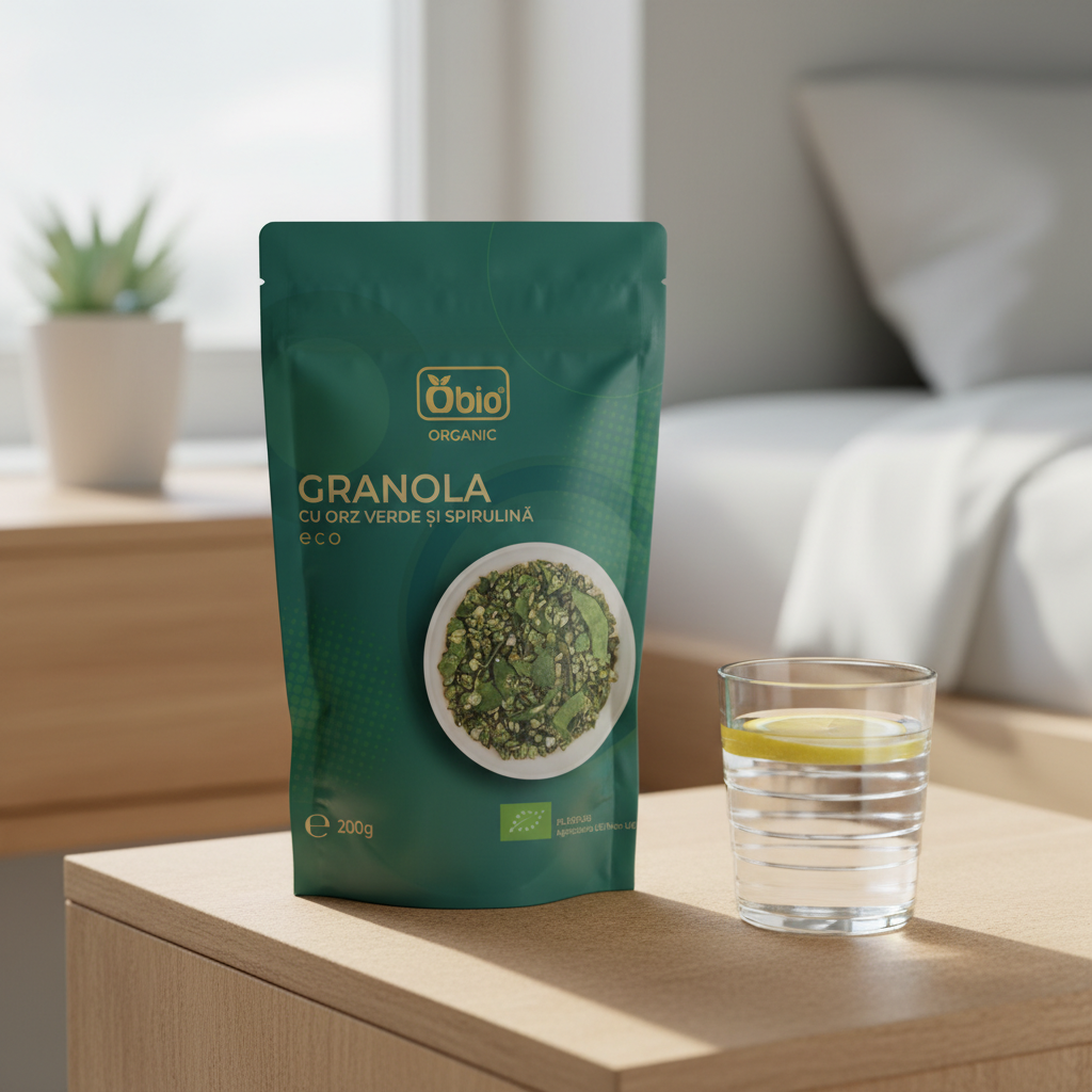 Granola Bio cu Orz Verde și Spirulină – Mic Dejun Nutritiv Fără Zahăr Rafinat Obio 200g 2