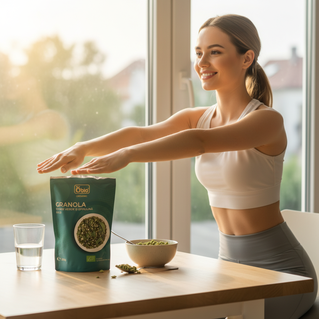 Granola Bio cu Orz Verde și Spirulină – Mic Dejun Nutritiv Fără Zahăr Rafinat Obio 200g 3