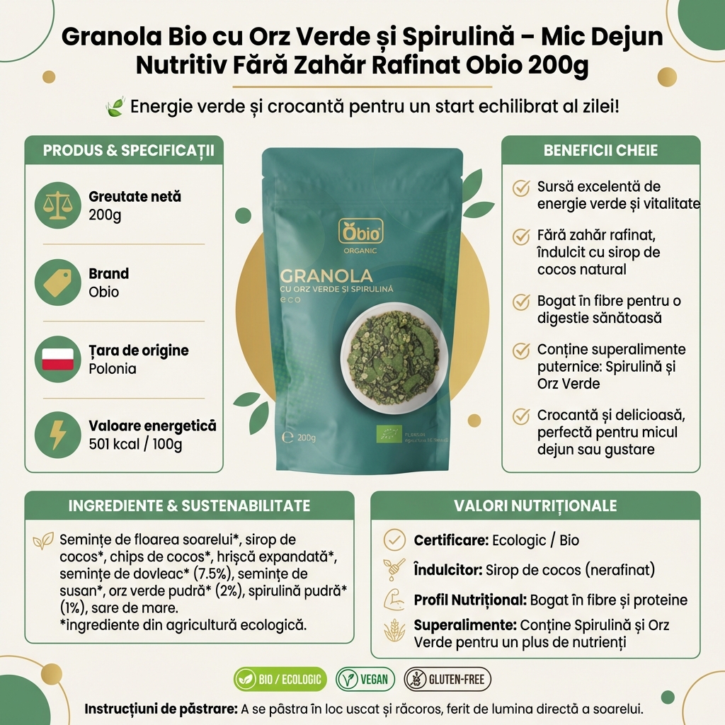 Granola Bio cu Orz Verde și Spirulină – Mic Dejun Nutritiv Fără Zahăr Rafinat Obio 200g 4