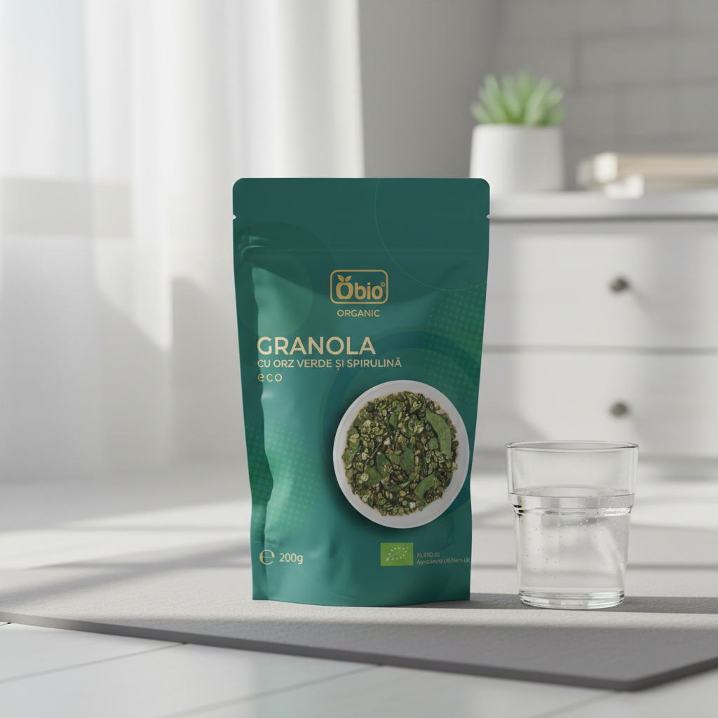 Granola Bio cu Orz Verde și Spirulină – Mic Dejun Nutritiv Fără Zahăr Rafinat Obio 200g