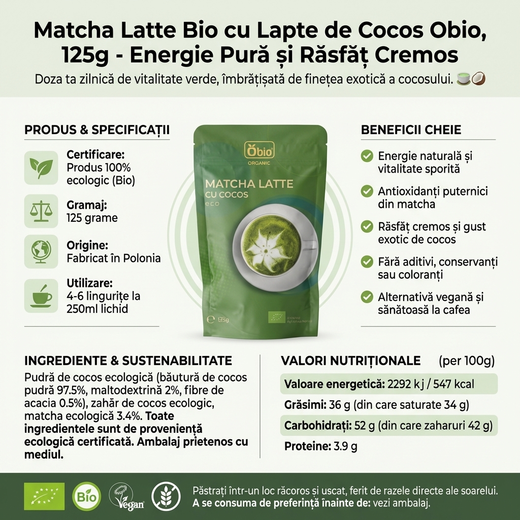 Matcha Latte Bio cu Lapte de Cocos Obio, 125g - Energie Pură și Răsfăț Cremos 4
