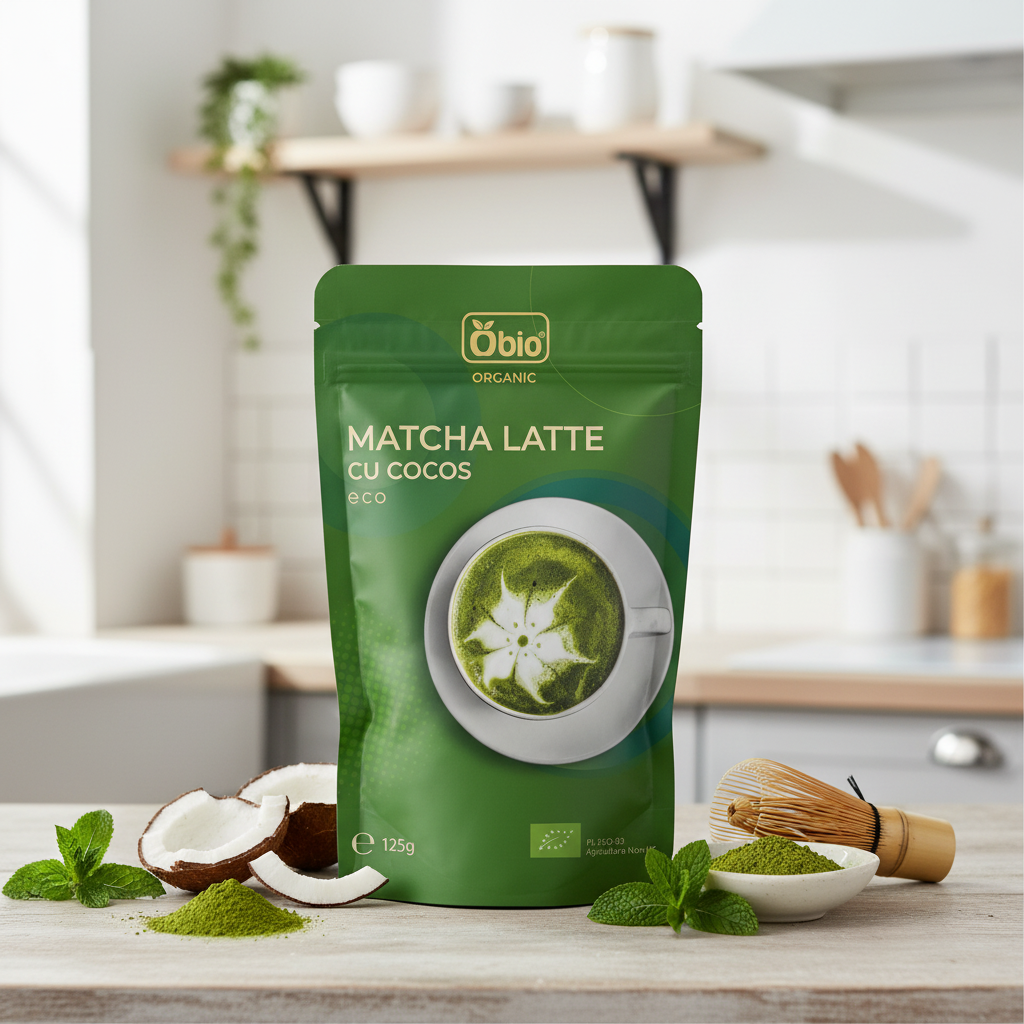 Matcha Latte Bio cu Lapte de Cocos Obio, 125g - Energie Pură și Răsfăț Cremos