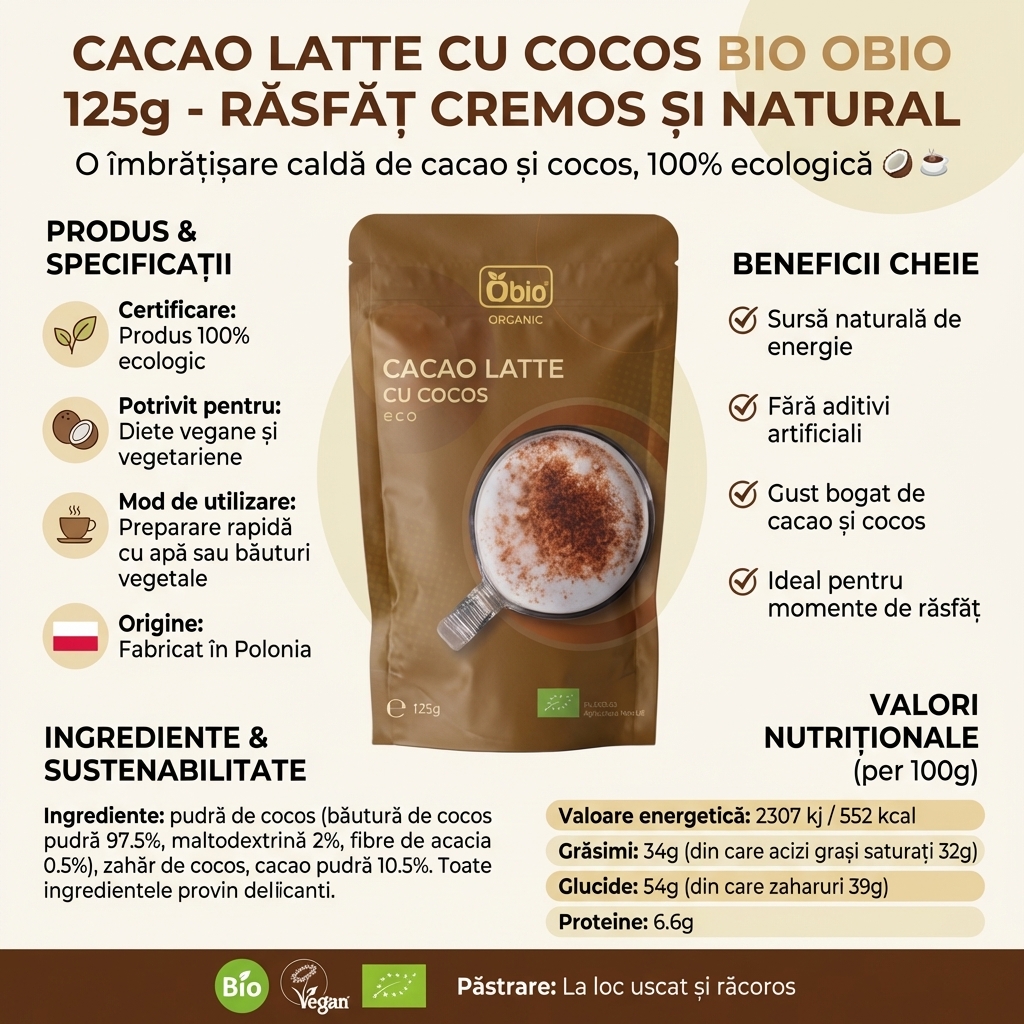 Cacao Latte cu Cocos Bio Obio 125g - Răsfăț Cremos și Natural 4