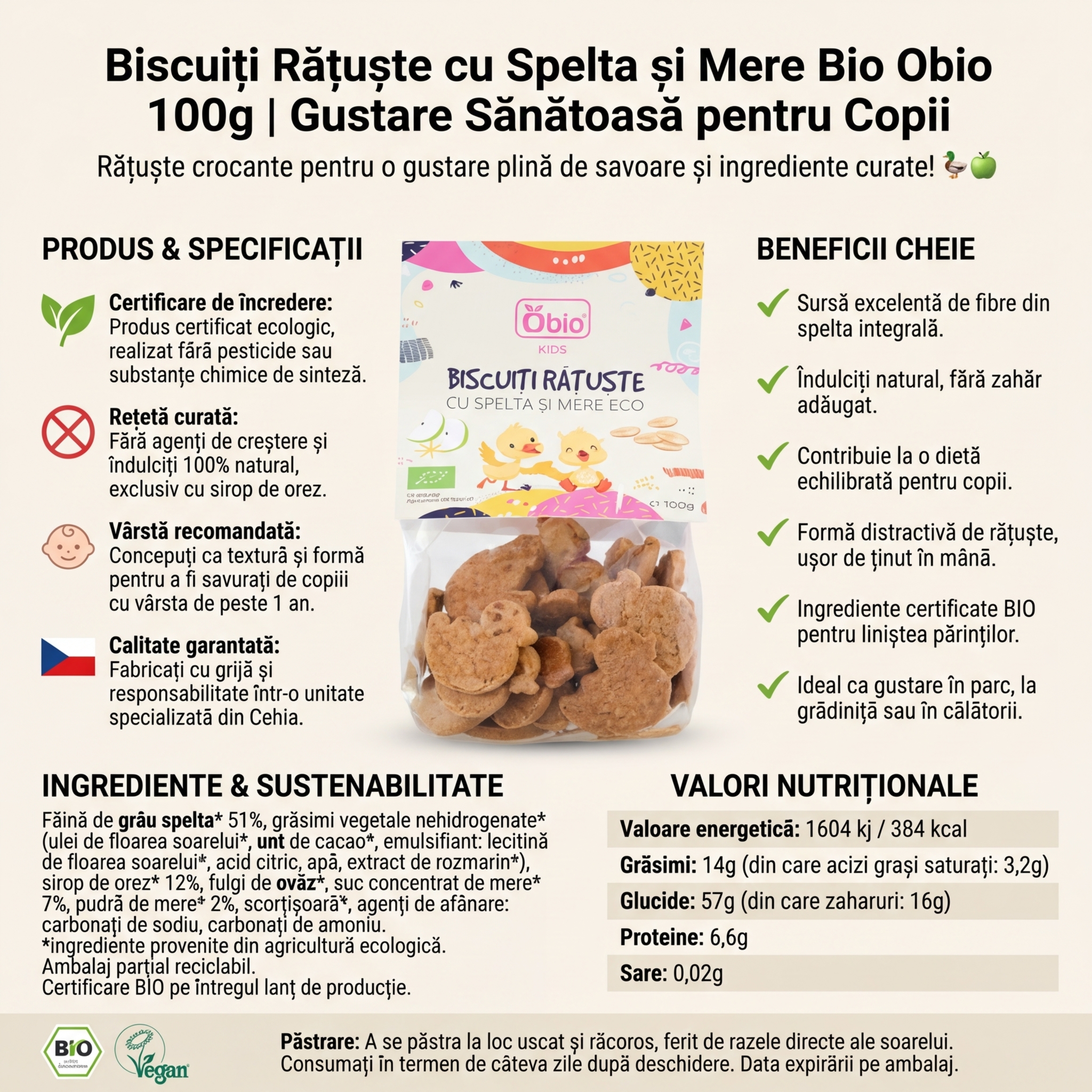 Biscuiți Rățuște cu Spelta și Mere Bio Obio 100g | Gustare Sănătoasă pentru Copii 4