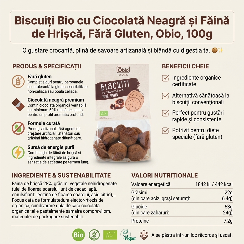 Biscuiți Bio cu Ciocolată Neagră și Făină de Hrișcă, Fără Gluten, Obio, 100g 4