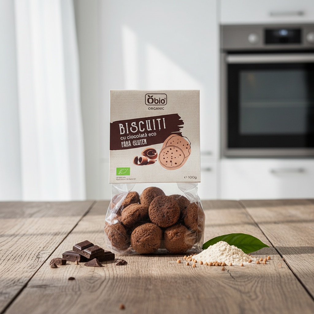 Biscuiți Bio cu Ciocolată Neagră și Făină de Hrișcă, Fără Gluten, Obio, 100g