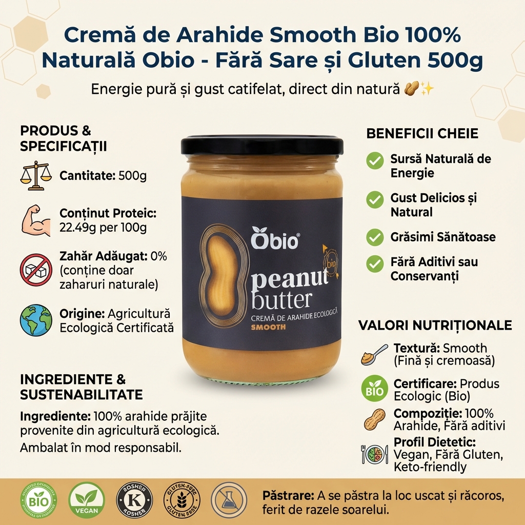 Cremă de Arahide Smooth Bio 100% Naturală Obio - Fără Sare și Gluten 500g 4