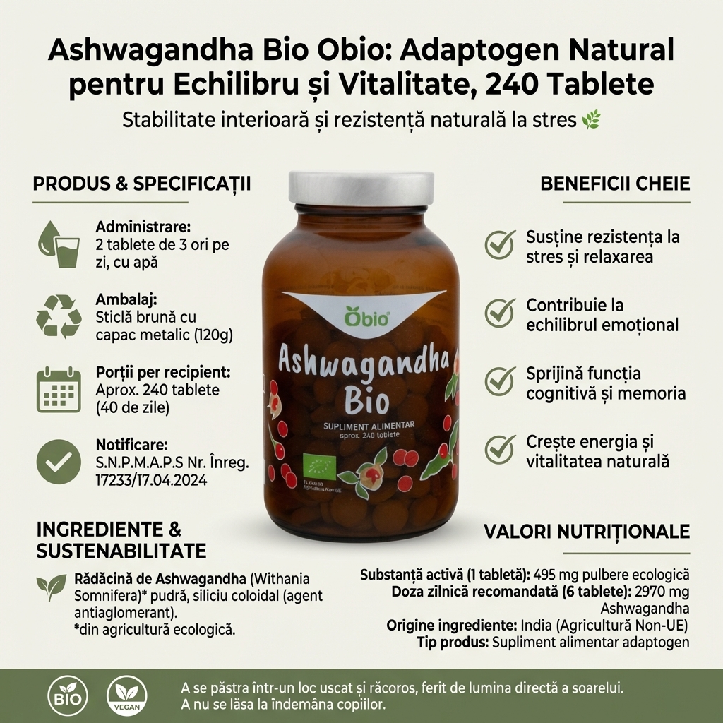 Ashwagandha Bio Obio: Adaptogen Natural pentru Echilibru și Vitalitate, 240 Tablete 4
