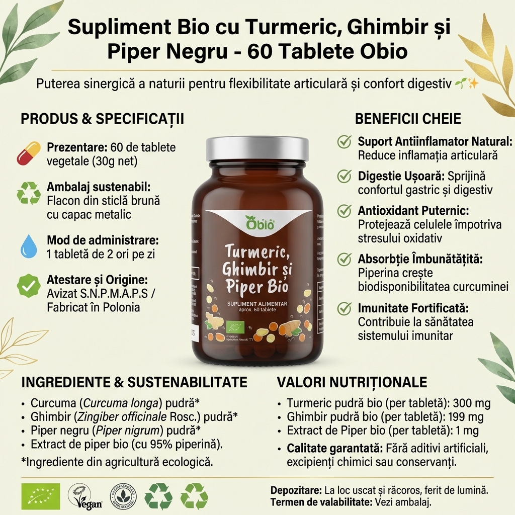 Supliment Bio cu Turmeric, Ghimbir și Piper Negru - 60 Tablete Obio 4