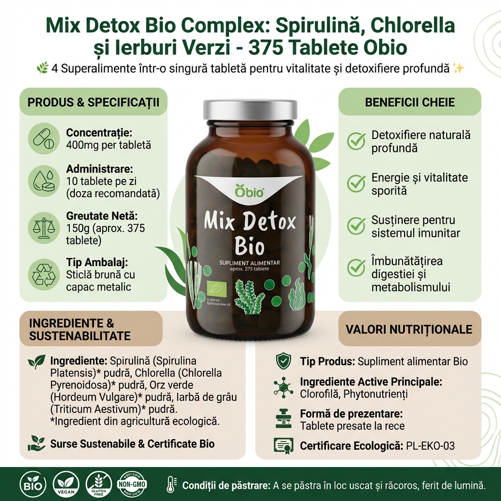 Mix Detox Bio Complex: Spirulină, Chlorella și Ierburi Verzi - 375 Tablete Obio 4