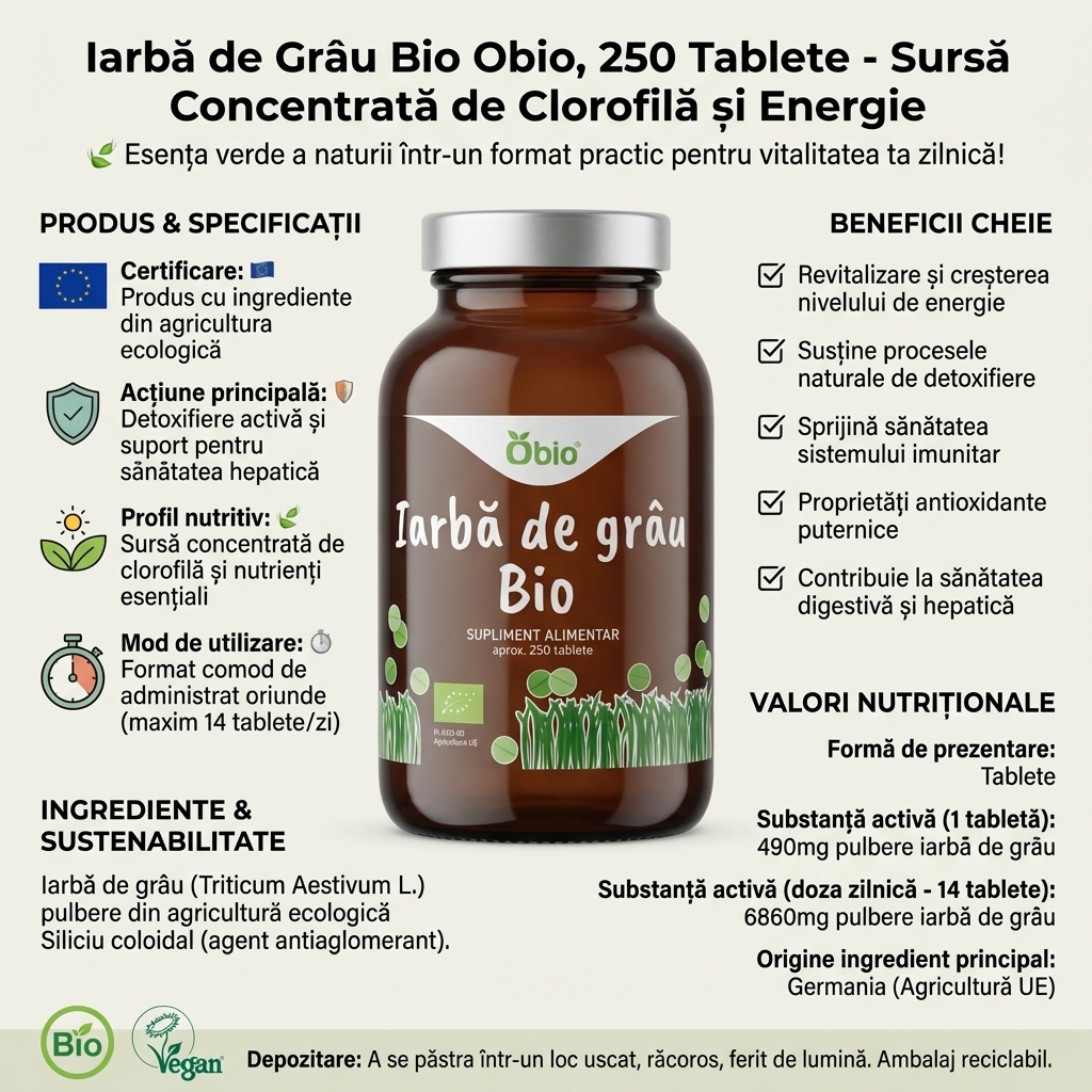 Iarbă de Grâu Bio Obio, 250 Tablete - Sursă Concentrată de Clorofilă și Energie 4