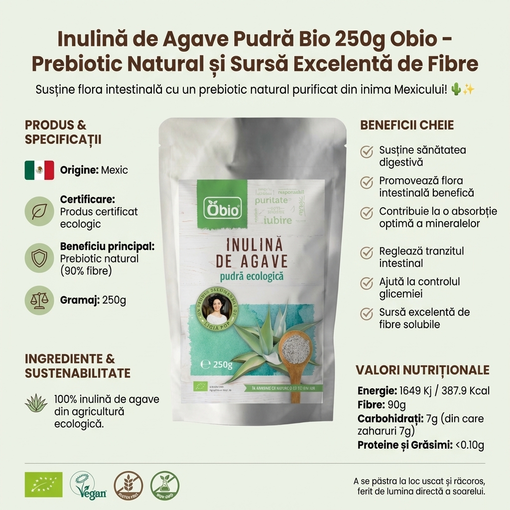 Inulină de Agave Pudră Bio 250g Obio – Prebiotic Natural și Sursă Excelentă de Fibre 3