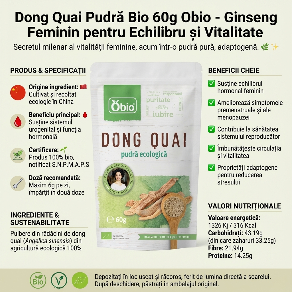 Dong Quai Pudră Bio 60g Obio - Ginseng Feminin pentru Echilibru și Vitalitate 4