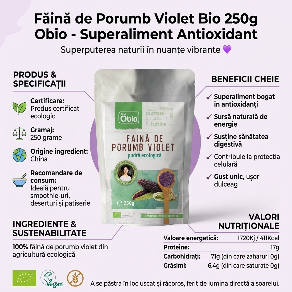 Făină de Porumb Violet Bio 250g Obio - Superaliment Antioxidant 4