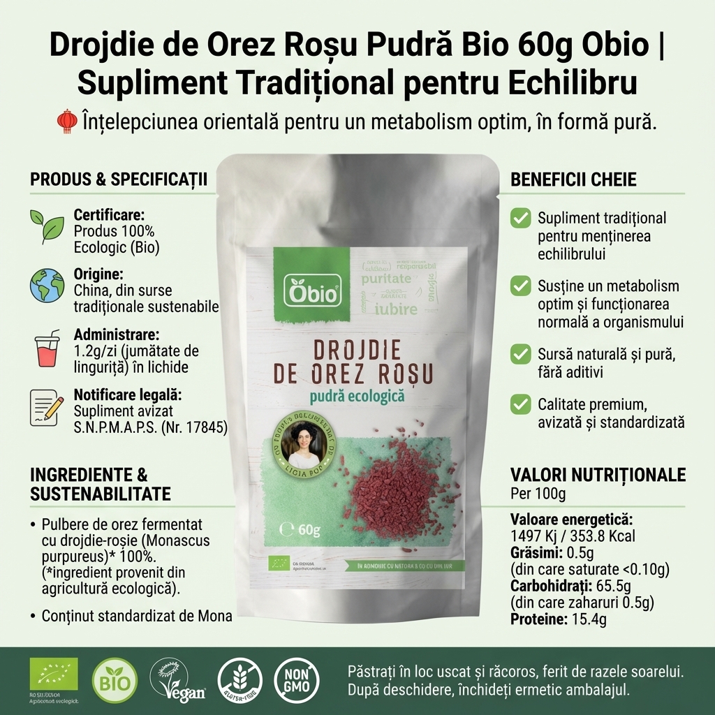 Drojdie de Orez Roșu Pudră Bio 60g Obio | Supliment Tradițional pentru Echilibru 4