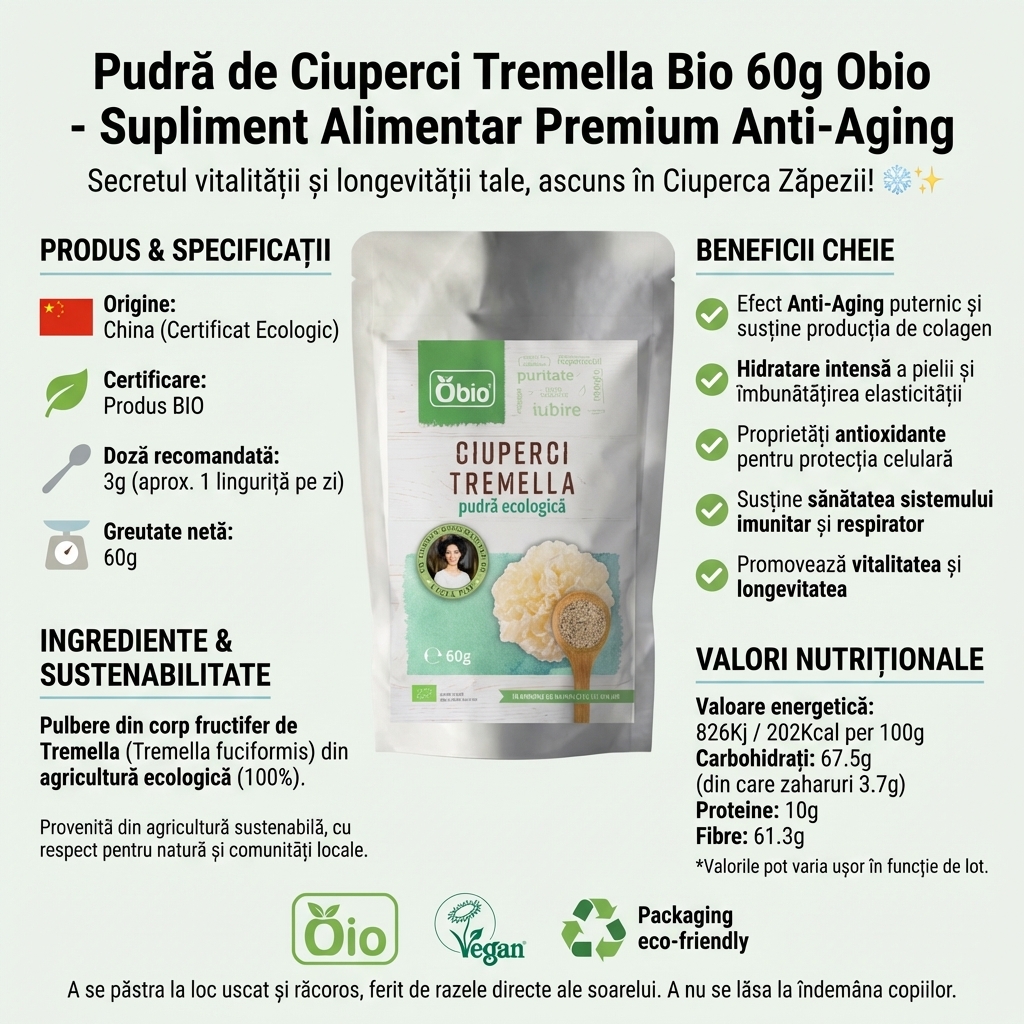 Pudră de Ciuperci Tremella Bio 60g Obio - Supliment Alimentar Premium Anti-Aging 4