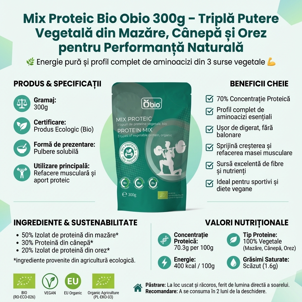 Mix Proteic Bio Obio 300g – Triplă Putere Vegetală din Mazăre, Cânepă și Orez pentru Performanță Naturală 3